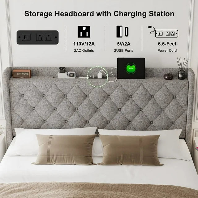 iPormis Queen Size Bed Frame with Lift up Storage & Charging Station, Button Tufted Wingback Upholstered Headboard