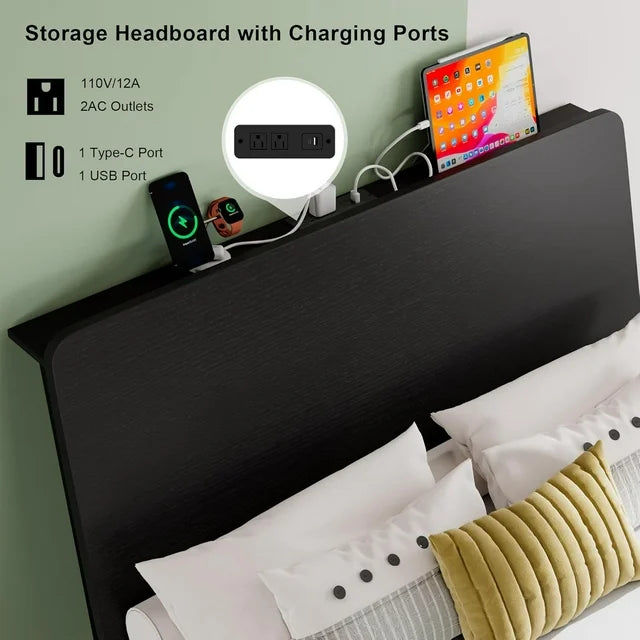 iPormis Bed Frame with Ergonomic Storage Headboard & Charging Station