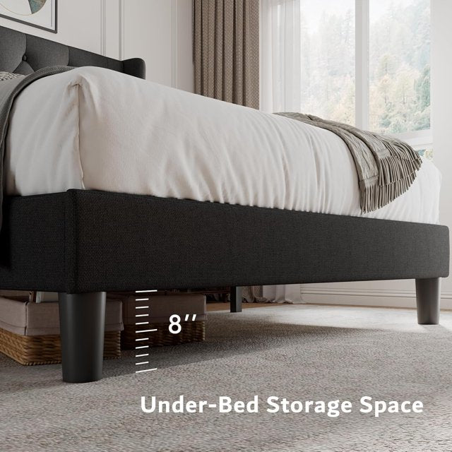 iPormis Bed Frame with Diamond Button Tufted Wingback Headboard, Upholstered Platform Bed Frame