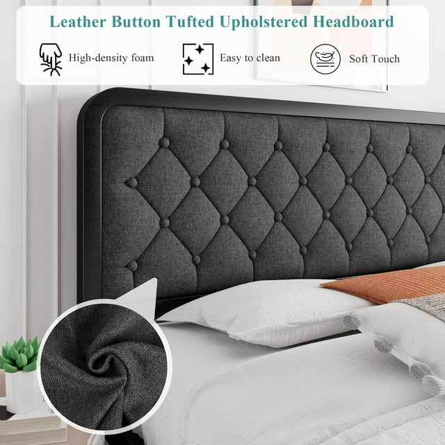 iPormis Queen Size Metal Bed Frame with Linen Upholstered Headboard, 12'' Underbed Space