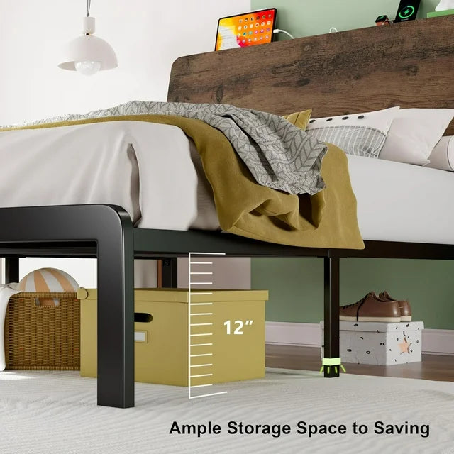 iPormis Bed Frame with Ergonomic Storage Headboard & Charging Station