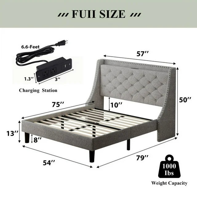 iPormis Full Bed Frame with Upholstered Wingback Button Tufted Storage Headboard