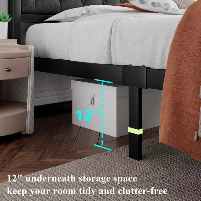 iPormis Queen Size Metal Bed Frame with Linen Upholstered Headboard, 12'' Underbed Space
