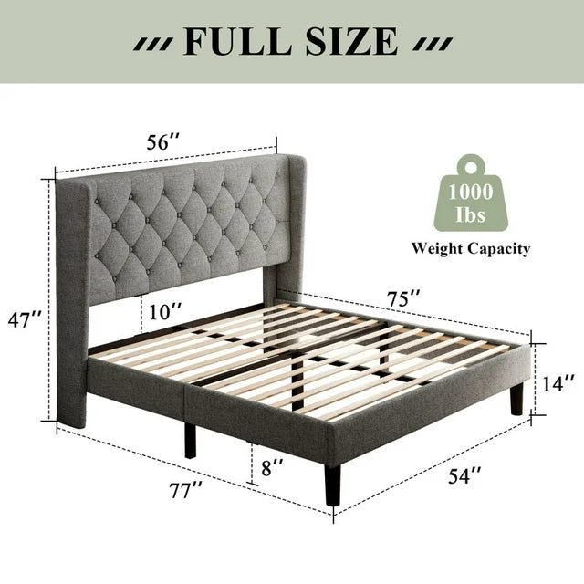 iPormis Bed Frame with Diamond Button Tufted Wingback Headboard, Upholstered Platform Bed Frame