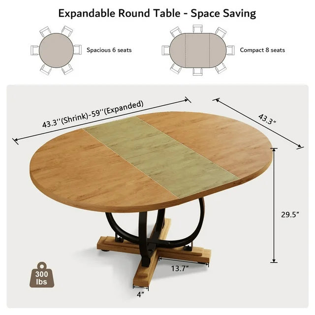 iPormis 59'' Extendable Round Dining Table for 4 to 8, Kitchen Table with Sturdy X-Base Metal Legs