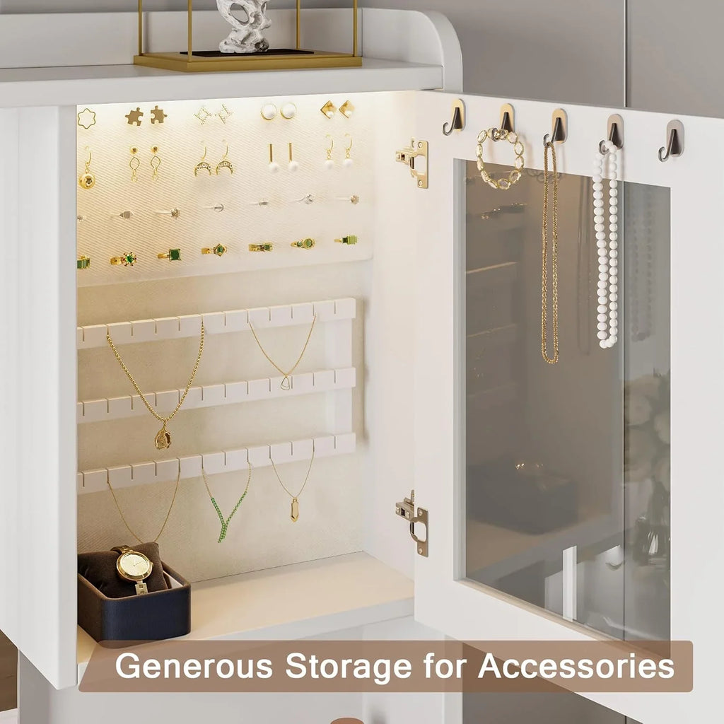 iPormis Vanity Desk with Mirror and Lights, Glass Top Makeup Vanity with RGB Light and Charging Station