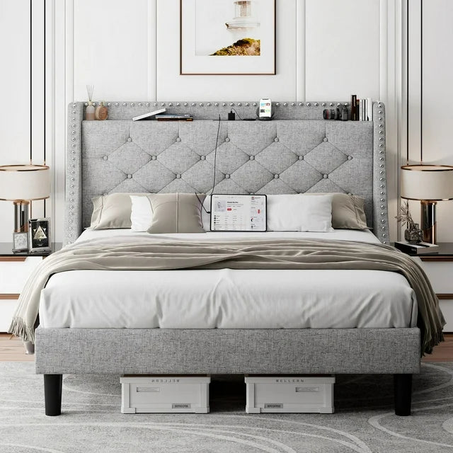iPormis Full Bed Frame with Upholstered Wingback Button Tufted Storage Headboard