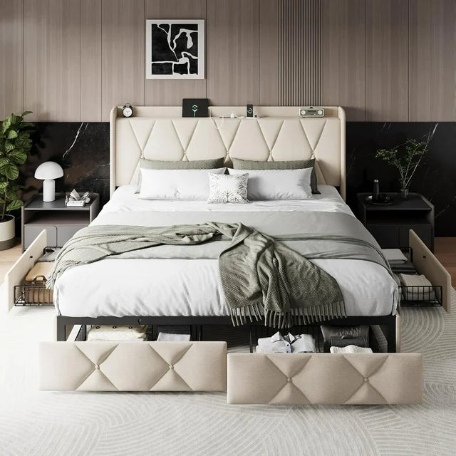 iPormis Bed Frame with Charging Station , Upholstered Bed with 4 Storage Drawers