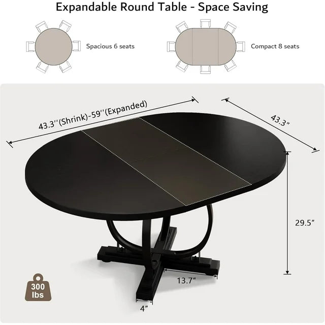 iPormis 59'' Extendable Round Dining Table for 4 to 8, Kitchen Table with Sturdy X-Base Metal Legs