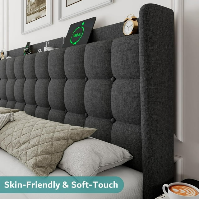 ipormis Full Size Bed Frame with Charging Station，Upholstered Platform Bed Frame with Wingback Storage Headboard