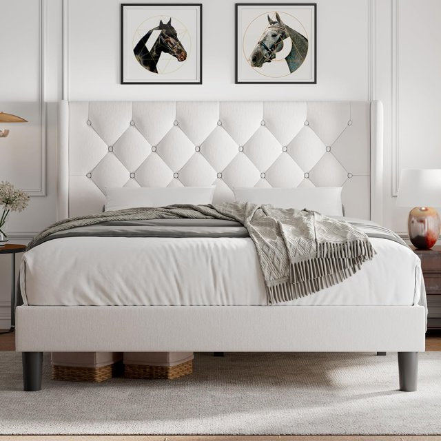 iPormis Bed Frame with Diamond Button Tufted Wingback Headboard, Upholstered Platform Bed Frame
