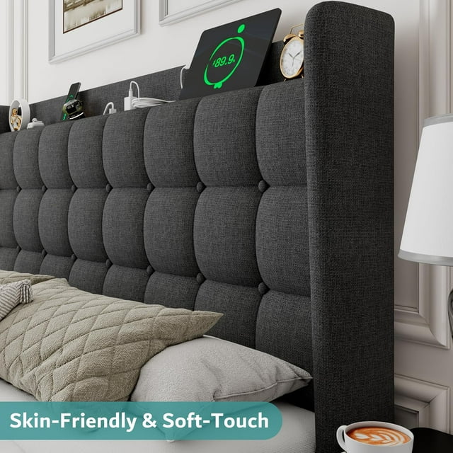 ipormis Full Size Bed Frame with Charging Station，Upholstered Platform Bed Frame with Wingback Storage Headboard