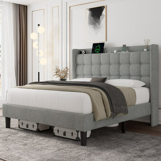 ipormis Full Size Bed Frame with Charging Station，Upholstered Platform Bed Frame with Wingback Storage Headboard