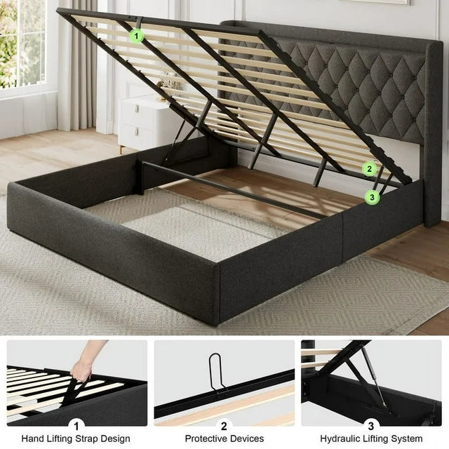 iPormis Queen Size Bed Frame with Lift up Storage & Charging Station, Button Tufted Wingback Upholstered Headboard