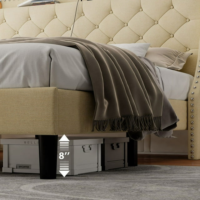 iPormis Full Bed Frame with Upholstered Wingback Button Tufted Storage Headboard