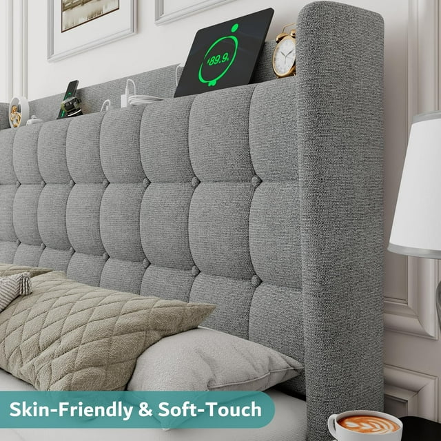 ipormis Full Size Bed Frame with Charging Station，Upholstered Platform Bed Frame with Wingback Storage Headboard