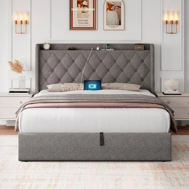 iPormis Queen Size Bed Frame with Lift up Storage & Charging Station, Button Tufted Wingback Upholstered Headboard