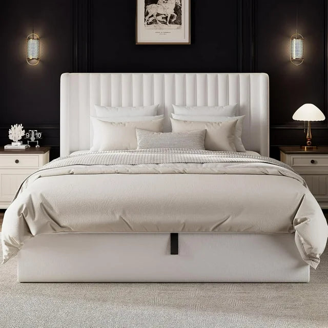iPormis Full Size Bed Frame with Lift up Storage & Wingback Headboard