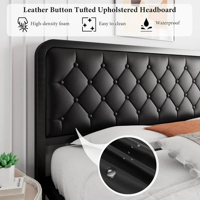 iPormis Queen Size Metal Bed Frame with Linen Upholstered Headboard, 12'' Underbed Space