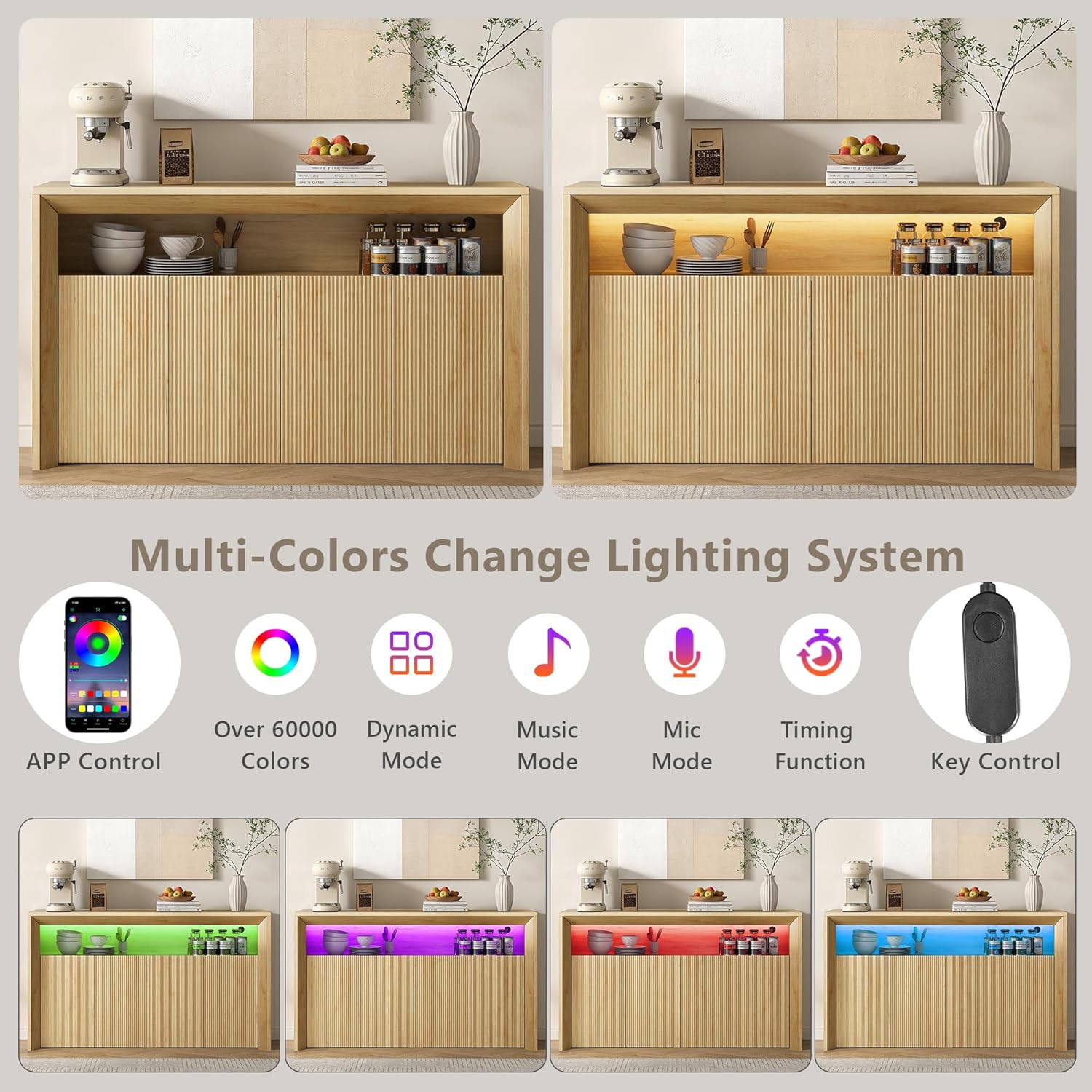 Feonase 66.2" Buffet Cabinet with Storage & Led Lights, Modern Sideboard Cabinet with 4 Doors & Shelves, Fluted Media Console Mid Century, Coffee Bar Table for Living Room Kitchen Dining Room, Oak