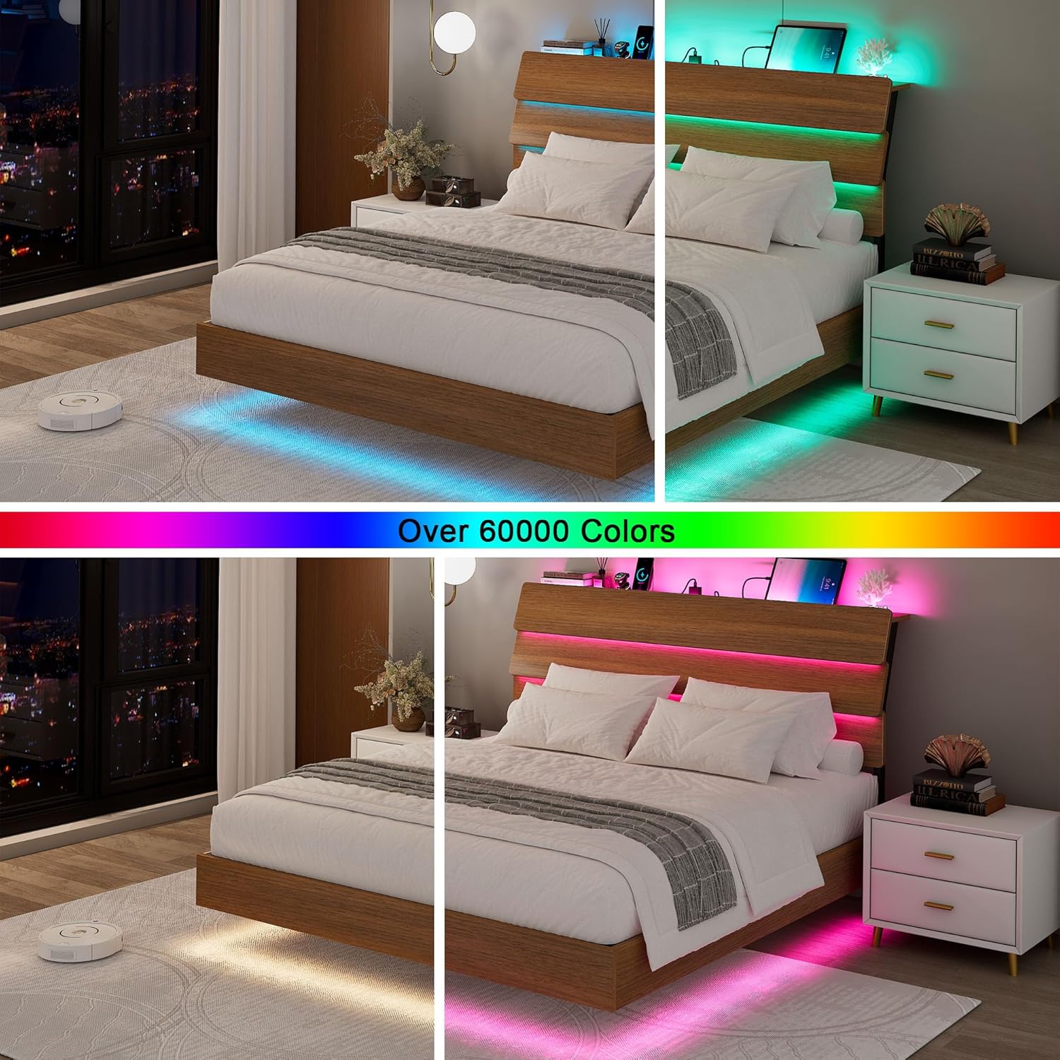 Feonase Floating Bed Frame Queen with Led Lights and Charging Station, Wood Full Size Bed Frame with Storage Headboard, Heavy Duty Metal Slats, No Box Spring Needed, Easy Assembly,Walnut