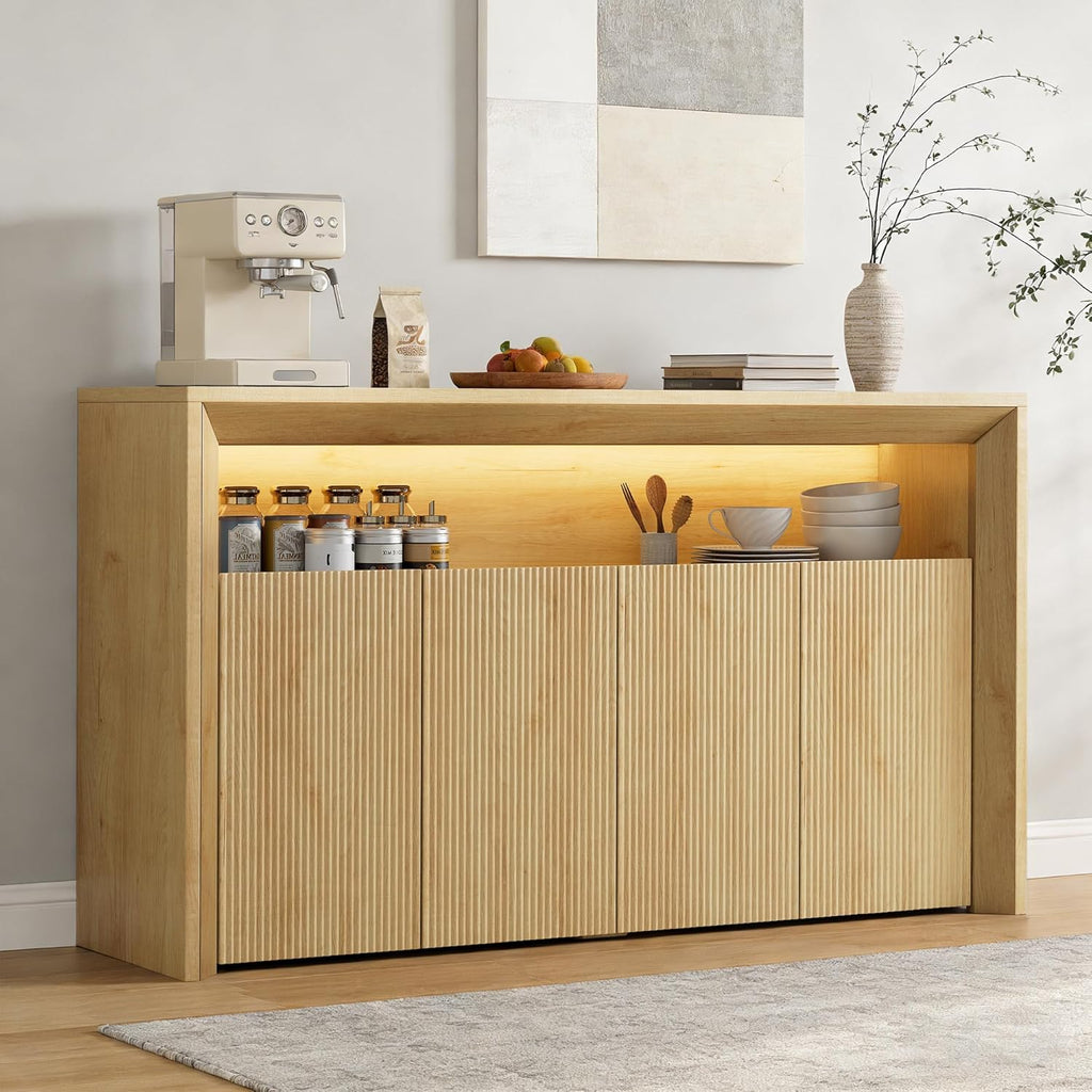 Feonase 66.2" Buffet Cabinet with Storage & Led Lights, Modern Sideboard Cabinet with 4 Doors & Shelves, Fluted Media Console Mid Century, Coffee Bar Table for Living Room Kitchen Dining Room, Oak