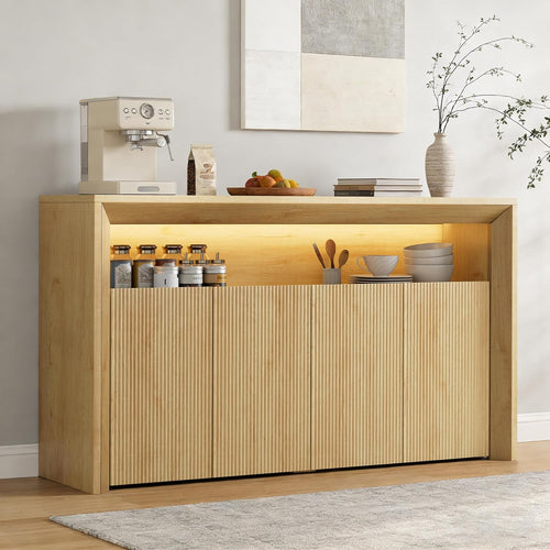 Feonase 66.2" Buffet Cabinet with Storage & Led Lights, Modern Sideboard Cabinet with 4 Doors & Shelves, Fluted Media Console Mid Century, Coffee Bar Table for Living Room Kitchen Dining Room, Oak