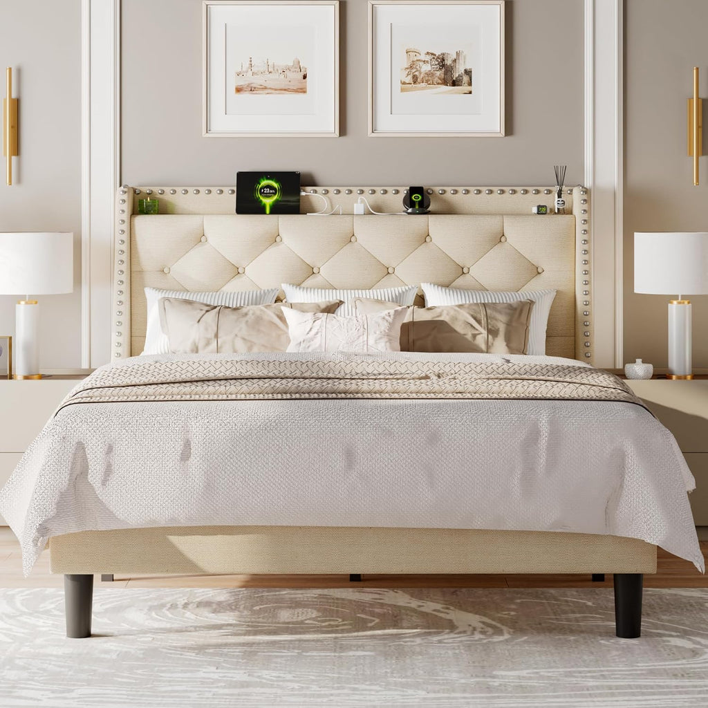 Feonase Bed Frame with Luxury Wingback and Charging Station