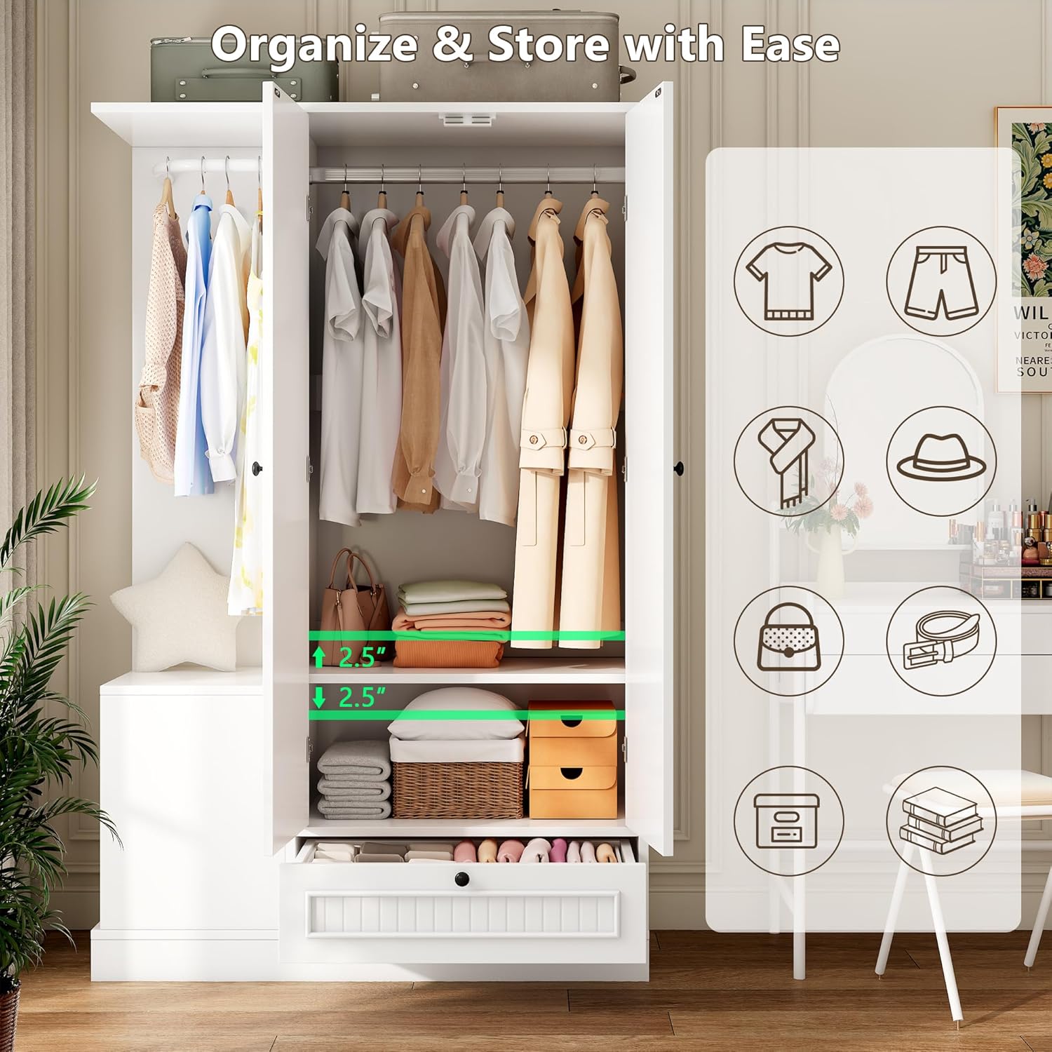 Feonase Armoire Wardrobe Closet with Mirror, Bedroom Armoires with 2 Doors, 1 Drawers and 3 Shelves, Large Clothing Storage Cabinet for Hanging Clothes, White