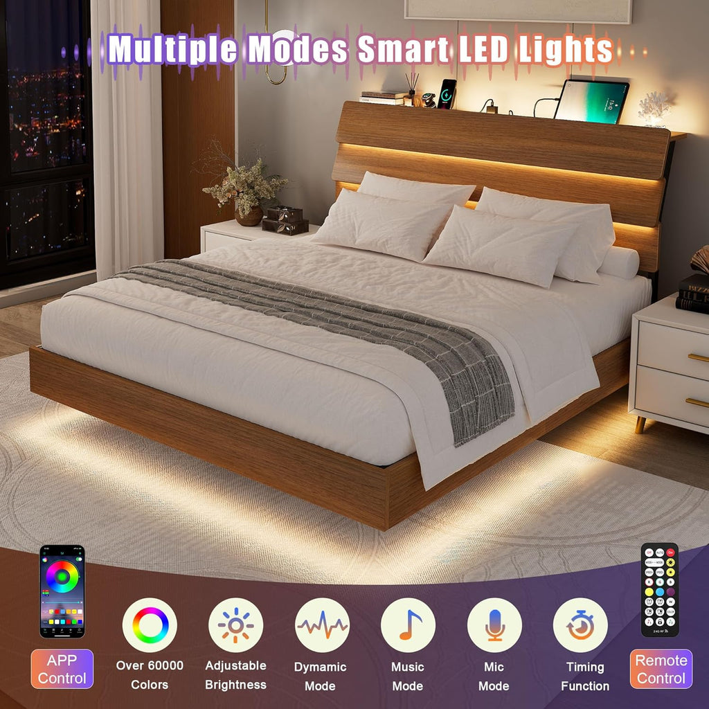 Feonase Floating Bed Frame Queen with Led Lights and Charging Station, Wood Full Size Bed Frame with Storage Headboard, Heavy Duty Metal Slats, No Box Spring Needed, Easy Assembly,Walnut
