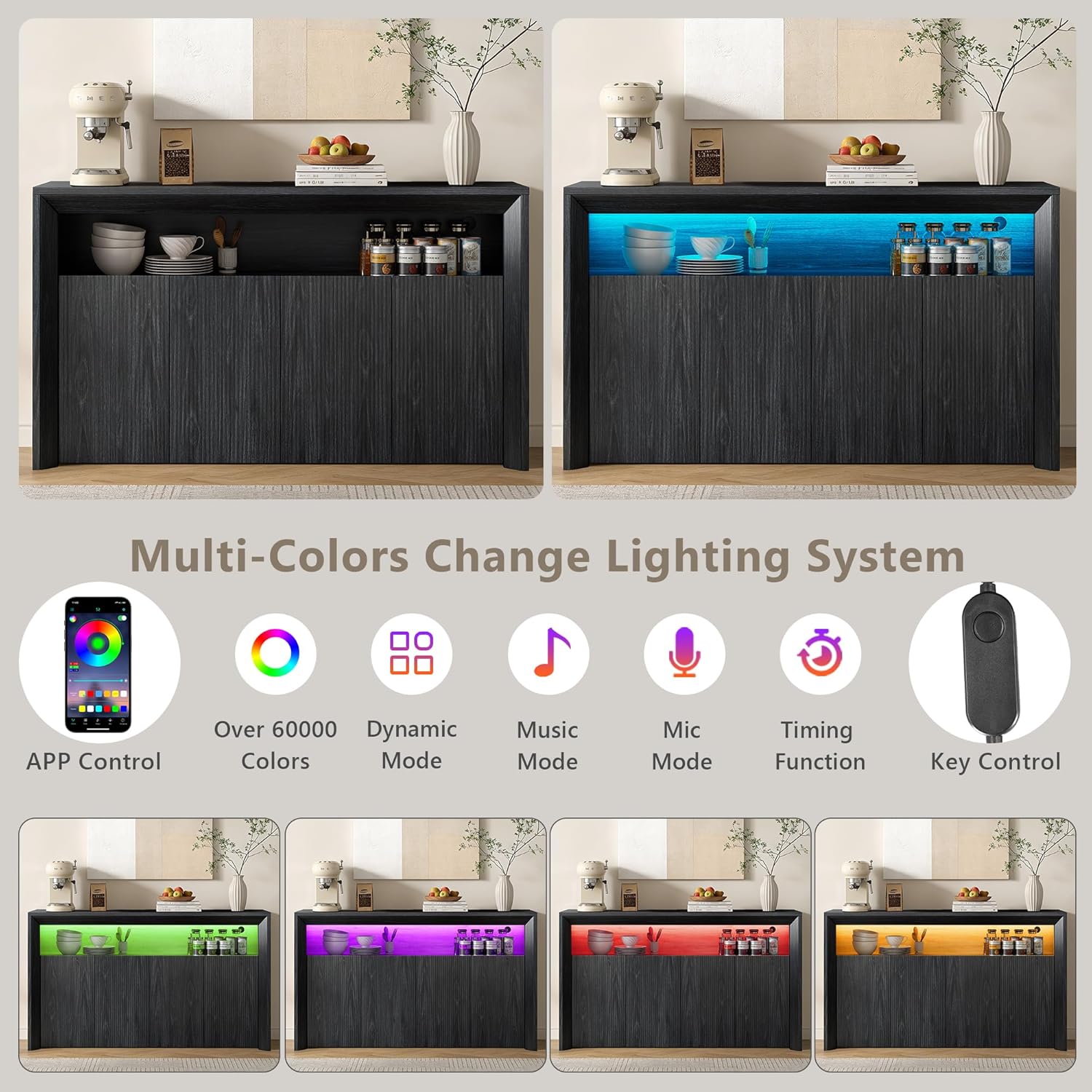 Feonase 66.2" Buffet Cabinet with Storage & Led Lights, Modern Sideboard Cabinet with 4 Doors & Shelves, Fluted Media Console Mid Century, Coffee Bar Table for Dining Room Kitchen, Dark Grey