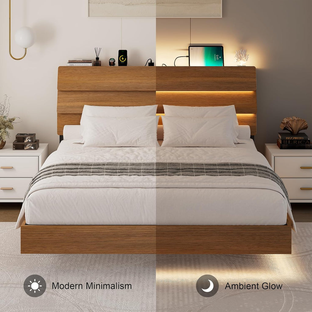 Feonase Floating Bed Frame Queen with Led Lights and Charging Station, Wood Full Size Bed Frame with Storage Headboard, Heavy Duty Metal Slats, No Box Spring Needed, Easy Assembly,Walnut
