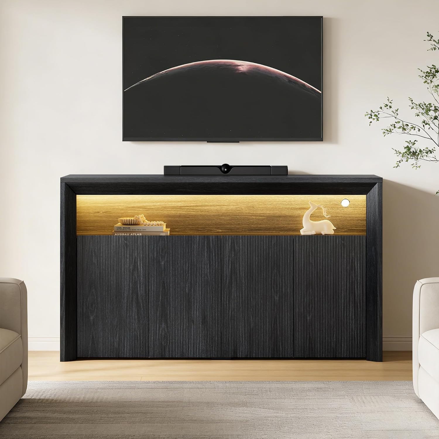 Feonase 66.2" Buffet Cabinet with Storage & Led Lights, Modern Sideboard Cabinet with 4 Doors & Shelves, Fluted Media Console Mid Century, Coffee Bar Table for Dining Room Kitchen, Dark Grey