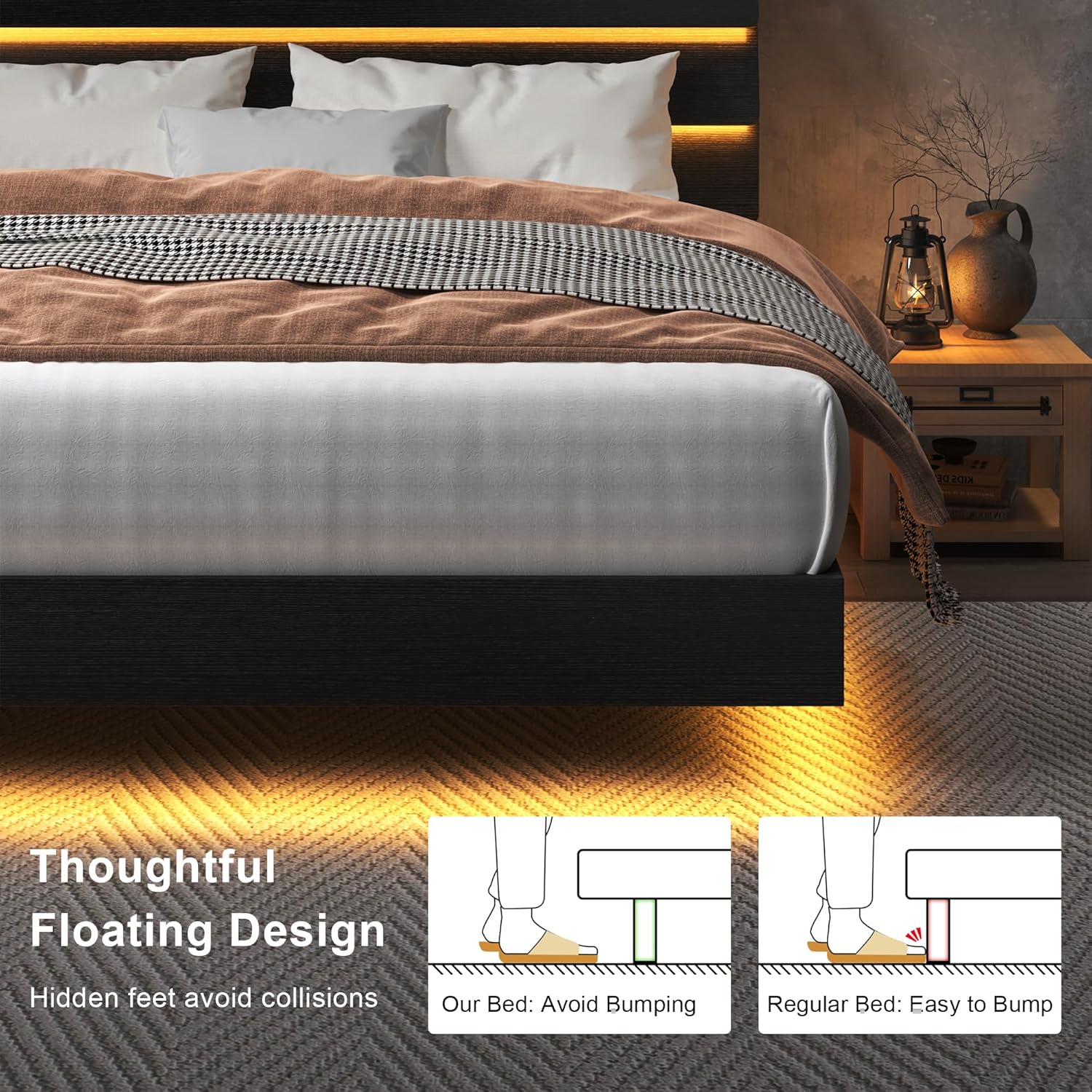 Feonase Floating Bed Frame Queen Size with Led Lights and Charging Station, Wood Queen Bed Frame with Storage Headboard, Heavy Duty Metal Slats, No Box Spring Needed, Easy Assembly, Black