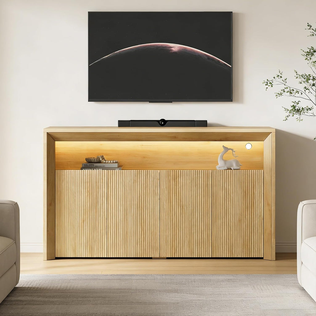 Feonase 66.2" Buffet Cabinet with Storage & Led Lights, Modern Sideboard Cabinet with 4 Doors & Shelves, Fluted Media Console Mid Century, Coffee Bar Table for Living Room Kitchen Dining Room, Oak