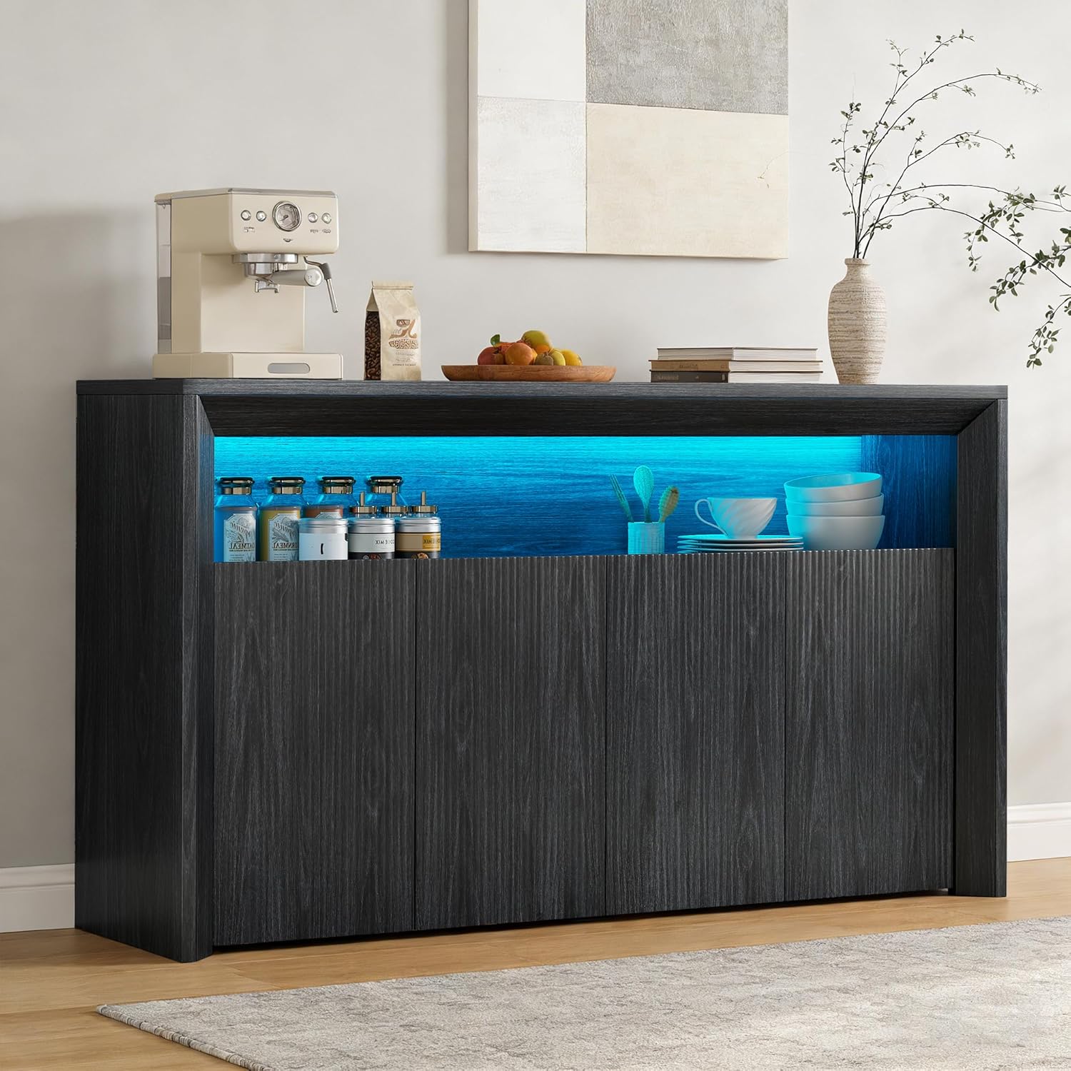 Feonase 66.2" Buffet Cabinet with Storage & Led Lights, Modern Sideboard Cabinet with 4 Doors & Shelves, Fluted Media Console Mid Century, Coffee Bar Table for Dining Room Kitchen, Dark Grey