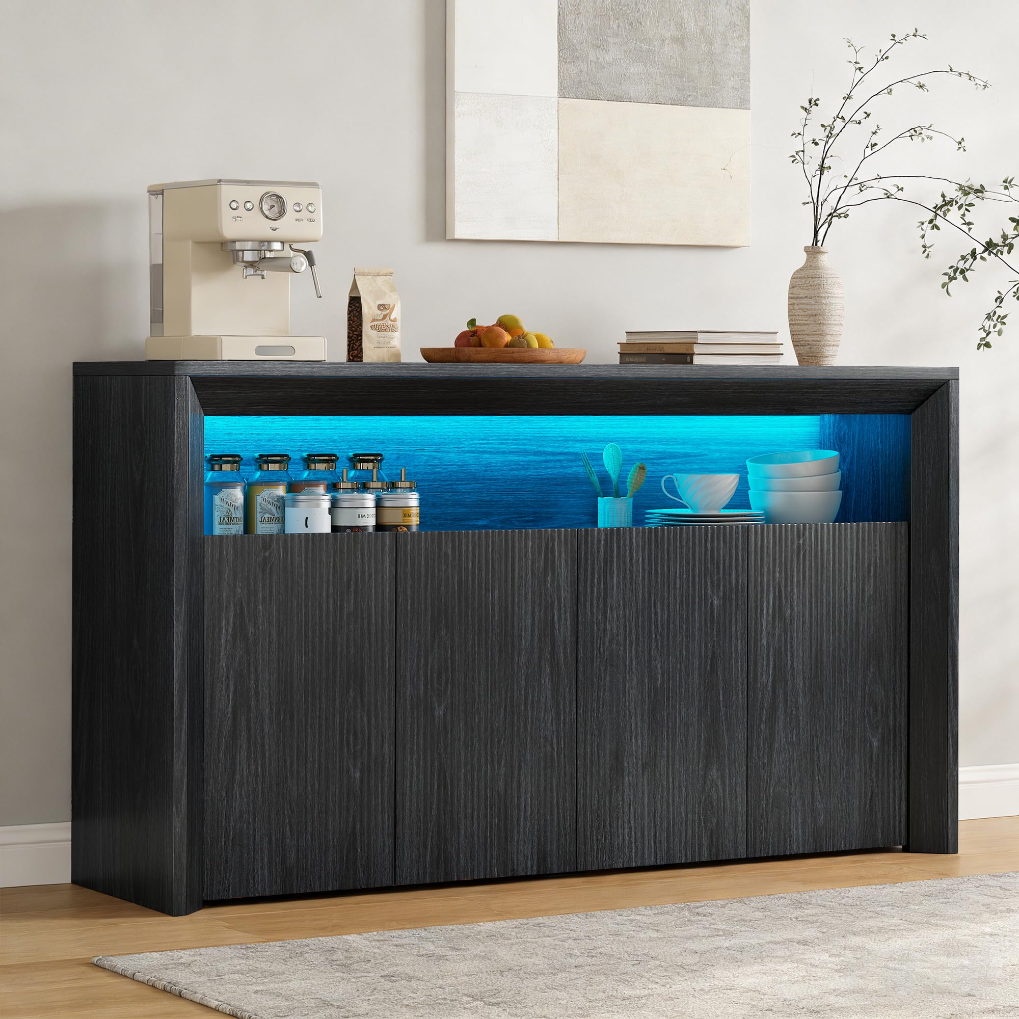 Feonase 66.2" Buffet Cabinet with Storage & Led Lights, Modern Sideboard Cabinet with 4 Doors & Shelves, Fluted Media Console Mid Century, Coffee Bar Table for Living Room Kitchen Dining Room, Oak