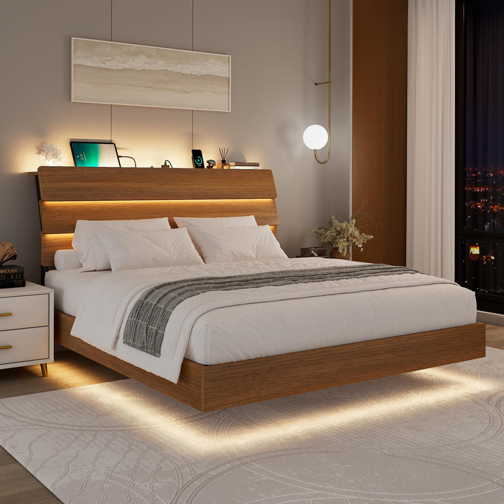 Feonase Floating Bed Frame Queen Size with Led Lights and Charging Station, Wood Queen Bed Frame with Storage Headboard, Heavy Duty Metal Slats, No Box Spring Needed, Easy Assembly, Black