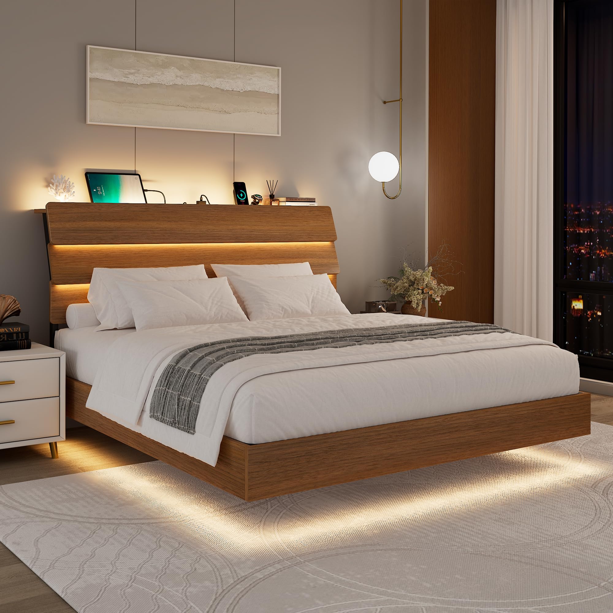 Feonase Floating Bed Frame Queen Size with Led Lights and Charging Station, Wood Queen Bed Frame with Storage Headboard, Heavy Duty Metal Slats, No Box Spring Needed, Easy Assembly, Black