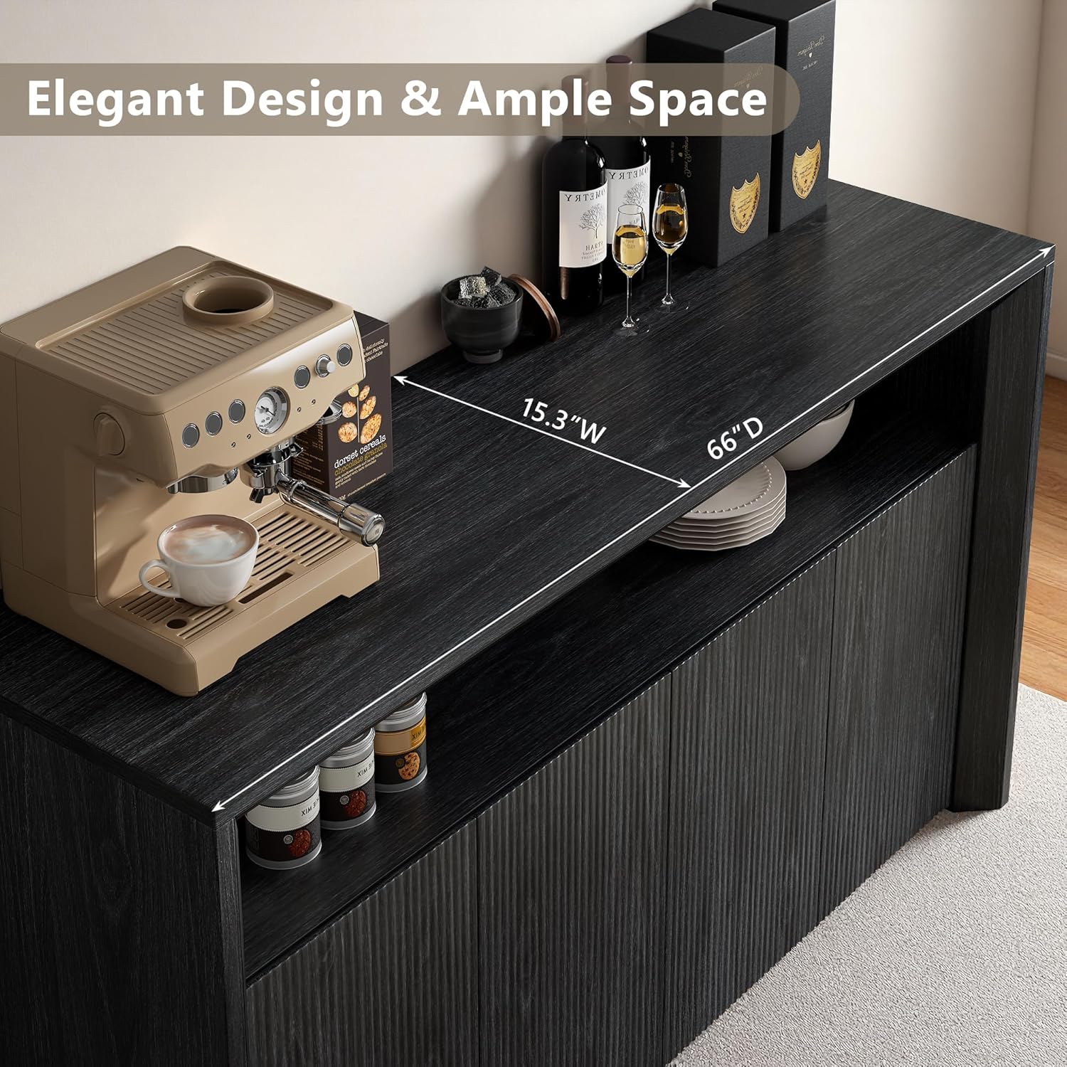 Feonase 66.2" Buffet Cabinet with Storage & Led Lights, Modern Sideboard Cabinet with 4 Doors & Shelves, Fluted Media Console Mid Century, Coffee Bar Table for Dining Room Kitchen, Dark Grey