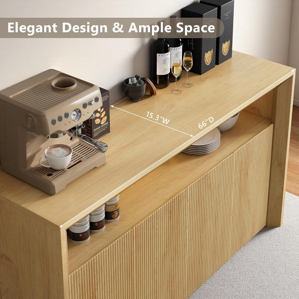 Feonase 66.2" Buffet Cabinet with Storage & Led Lights, Modern Sideboard Cabinet with 4 Doors & Shelves, Fluted Media Console Mid Century, Coffee Bar Table for Living Room Kitchen Dining Room, Oak