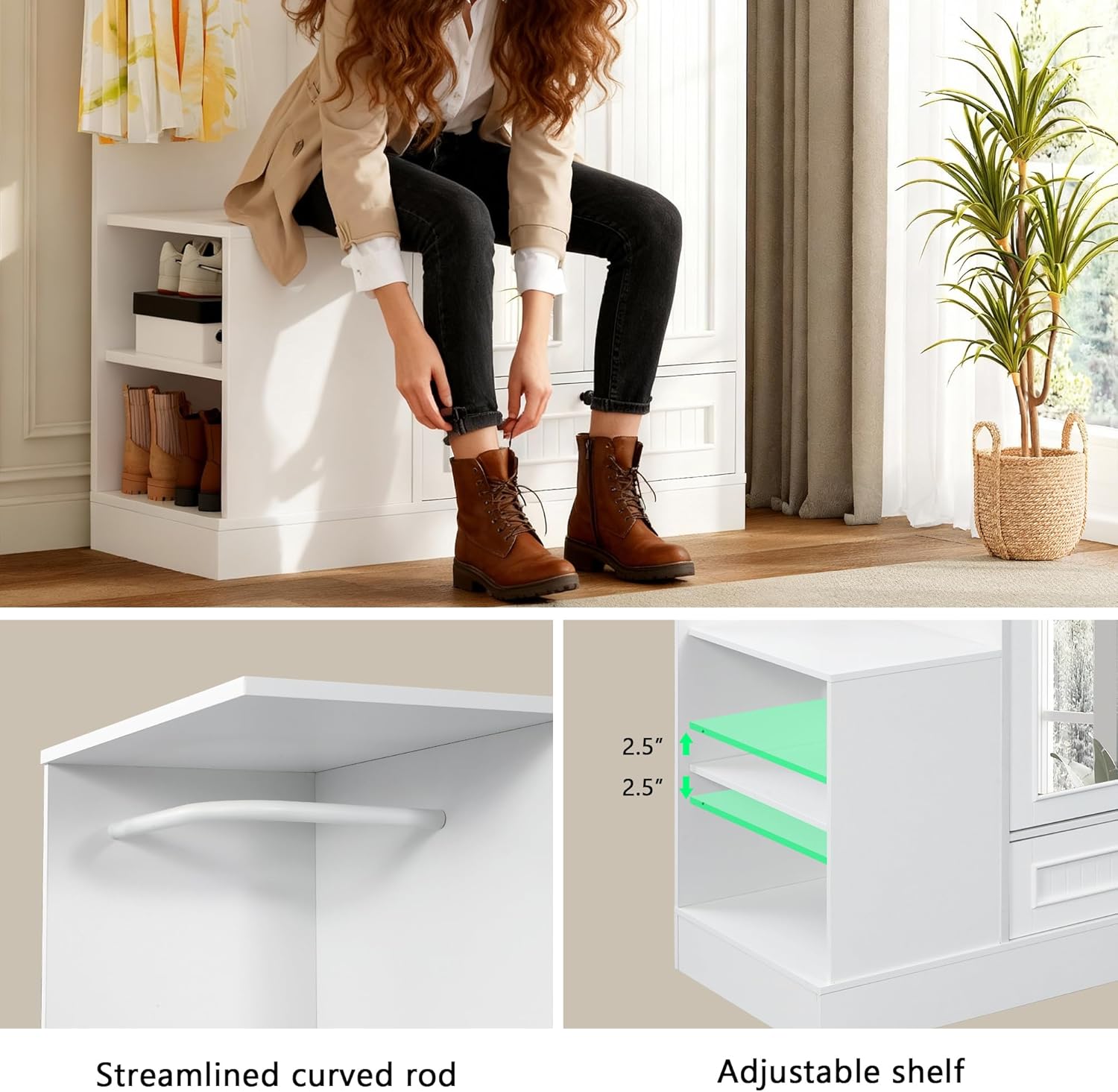 Feonase Armoire Wardrobe Closet with Mirror, Bedroom Armoires with 2 Doors, 1 Drawers and 3 Shelves, Large Clothing Storage Cabinet for Hanging Clothes, White