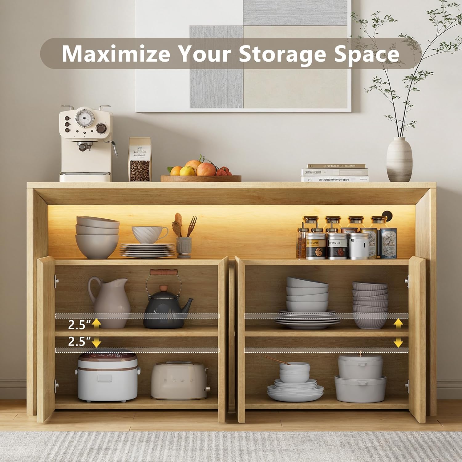 Feonase 66.2" Buffet Cabinet with Storage & Led Lights, Modern Sideboard Cabinet with 4 Doors & Shelves, Fluted Media Console Mid Century, Coffee Bar Table for Living Room Kitchen Dining Room, Oak