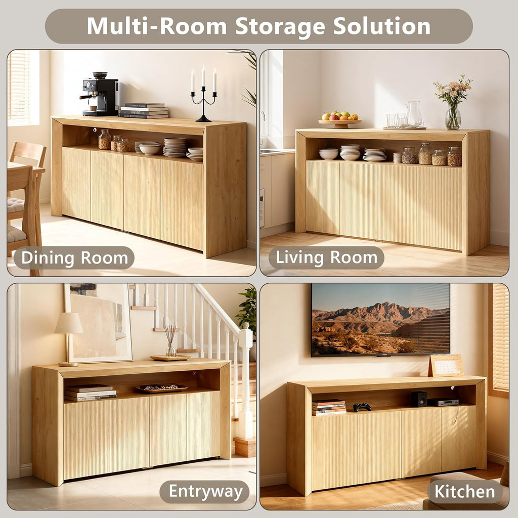 Feonase 66.2" Buffet Cabinet with Storage & Led Lights, Modern Sideboard Cabinet with 4 Doors & Shelves, Fluted Media Console Mid Century, Coffee Bar Table for Living Room Kitchen Dining Room, Oak