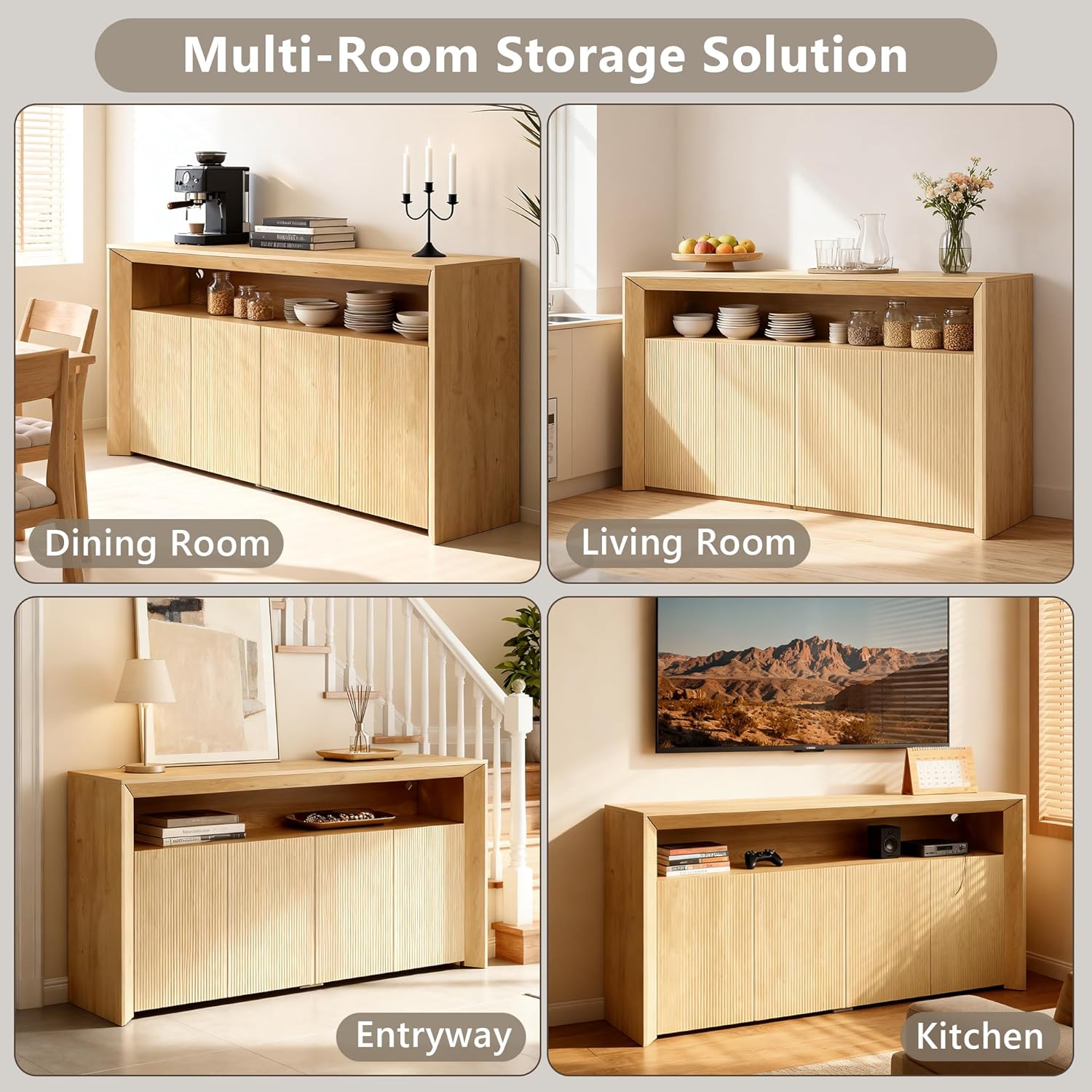 Feonase 66.2" Buffet Cabinet with Storage & Led Lights, Modern Sideboard Cabinet with 4 Doors & Shelves, Fluted Media Console Mid Century, Coffee Bar Table for Living Room Kitchen Dining Room, Oak