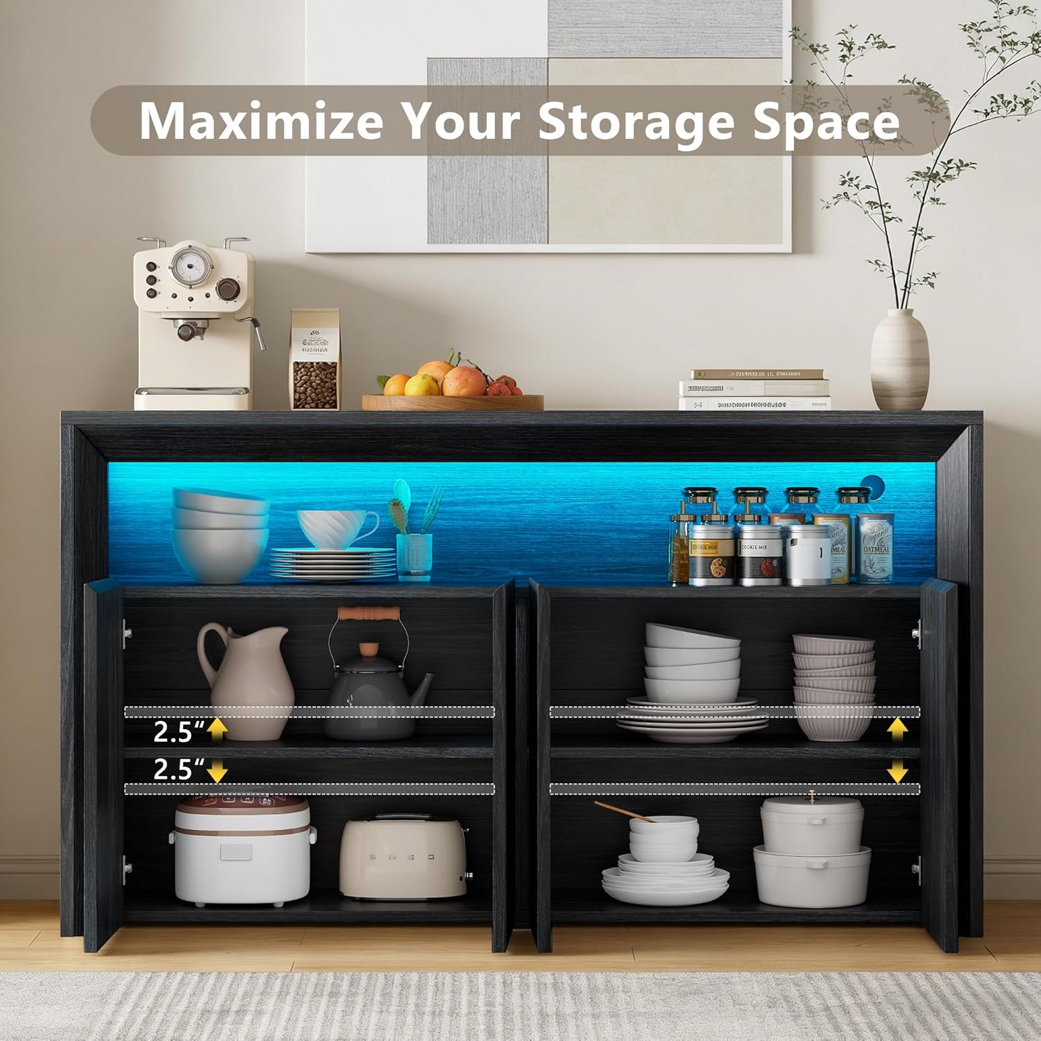 Feonase 66.2" Buffet Cabinet with Storage & Led Lights, Modern Sideboard Cabinet with 4 Doors & Shelves, Fluted Media Console Mid Century, Coffee Bar Table for Dining Room Kitchen, Dark Grey