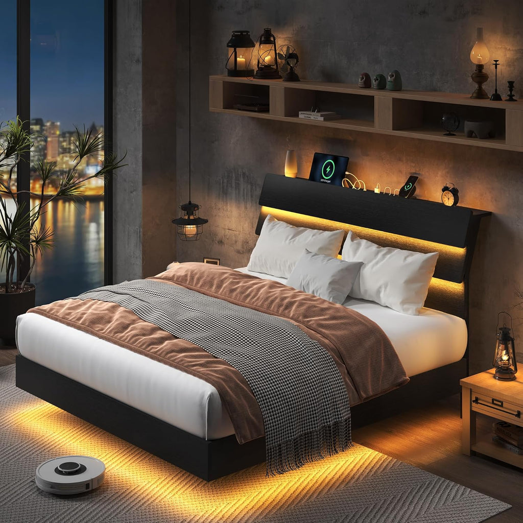 Feonase Floating Bed Frame Queen Size with Led Lights and Charging Station, Wood Queen Bed Frame with Storage Headboard, Heavy Duty Metal Slats, No Box Spring Needed, Easy Assembly, Black