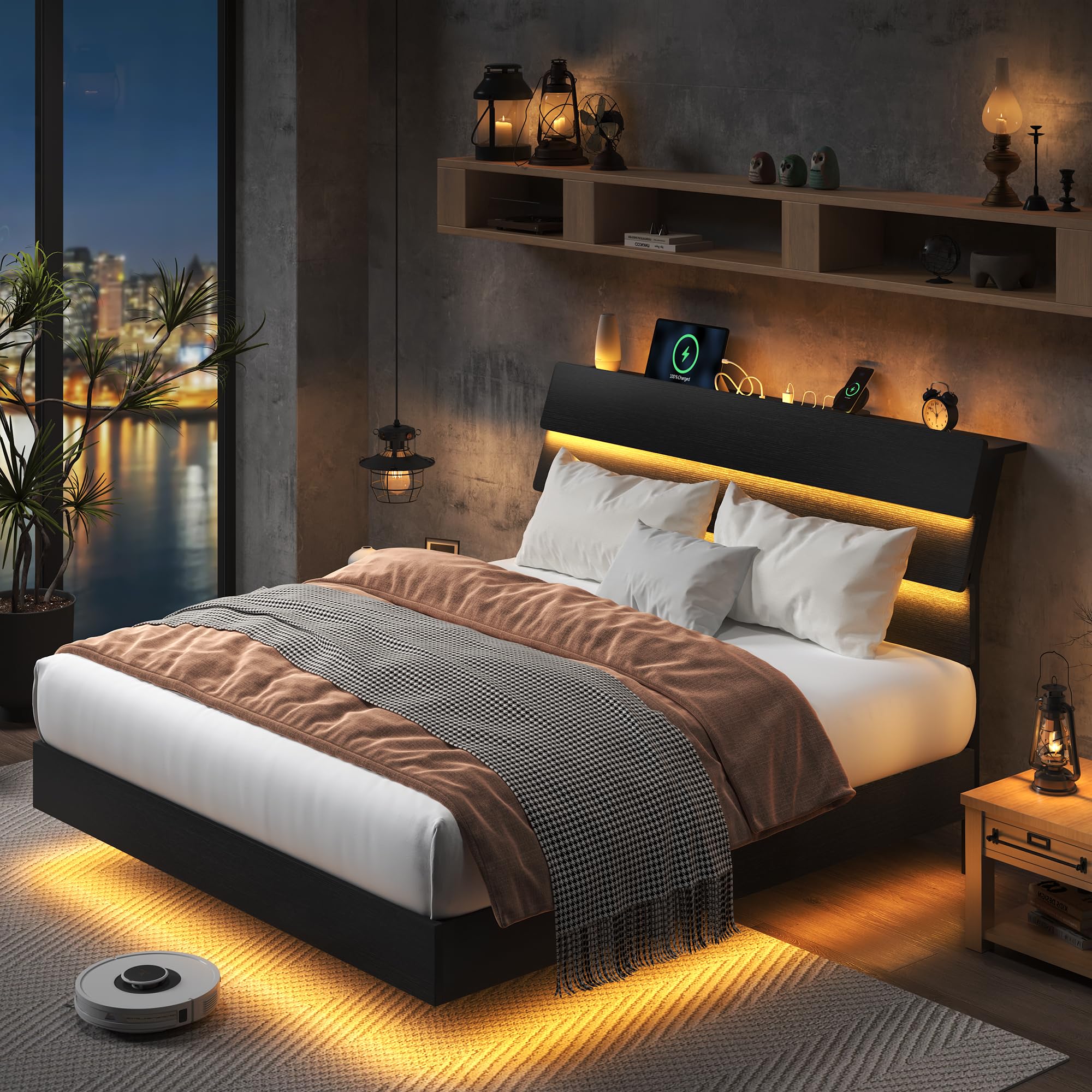 Feonase Floating Bed Frame Queen Size with Led Lights and Charging Station, Wood Queen Bed Frame with Storage Headboard, Heavy Duty Metal Slats, No Box Spring Needed, Easy Assembly, Black