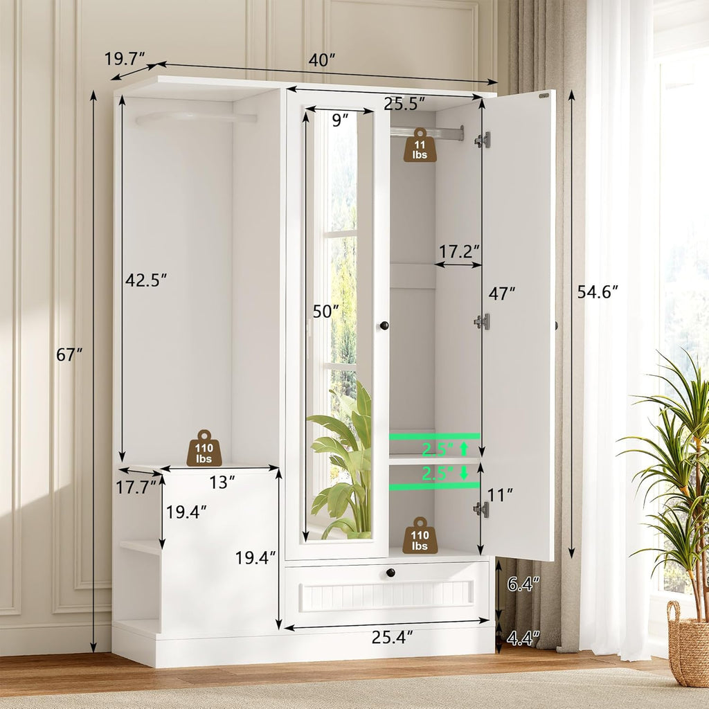 Feonase Armoire Wardrobe Closet with Mirror, Bedroom Armoires with 2 Doors, 1 Drawers and 3 Shelves, Large Clothing Storage Cabinet for Hanging Clothes, White