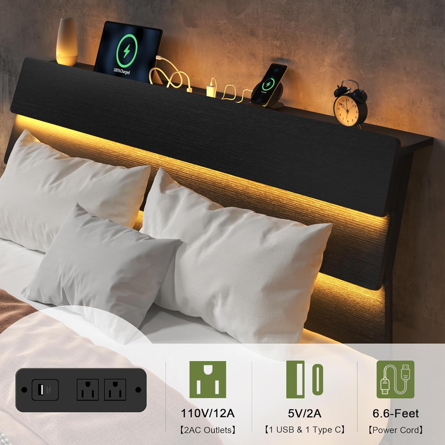 Feonase Floating Bed Frame Queen Size with Led Lights and Charging Station, Wood Queen Bed Frame with Storage Headboard, Heavy Duty Metal Slats, No Box Spring Needed, Easy Assembly, Black